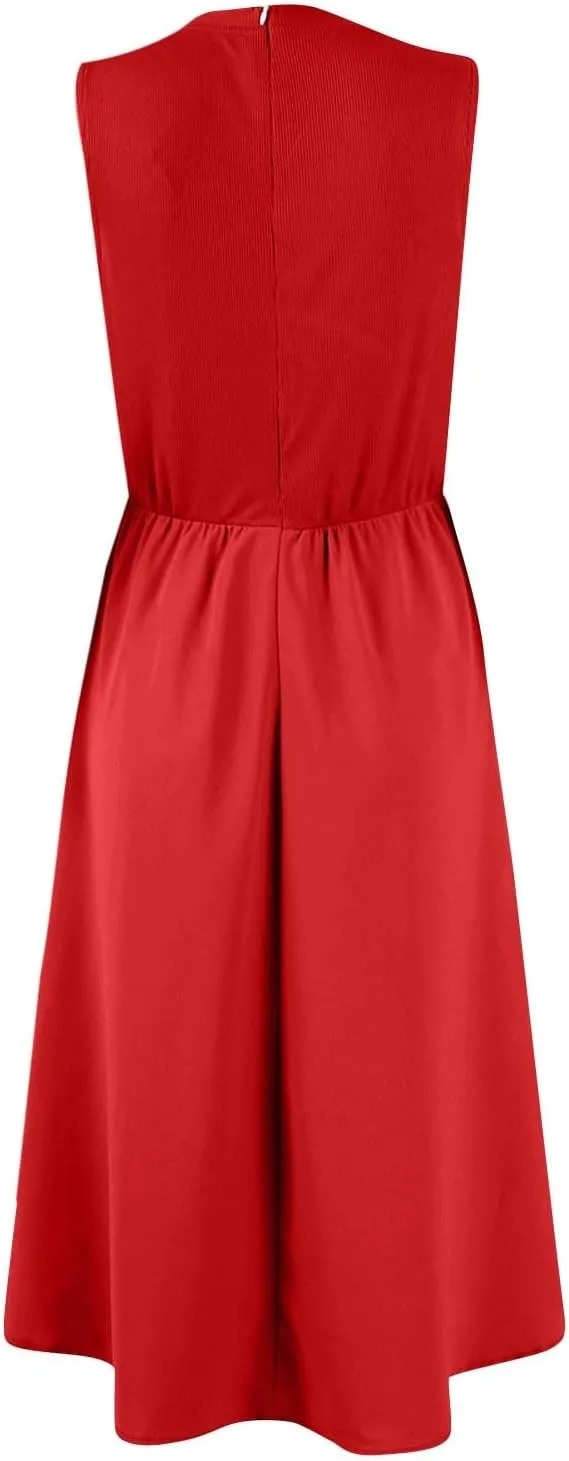 Women Sundress Tank Top Dresses Summer Dresses Pleated Wrap Dress Sleeveless Bohemian Ruffle Dress Formal with Pockets