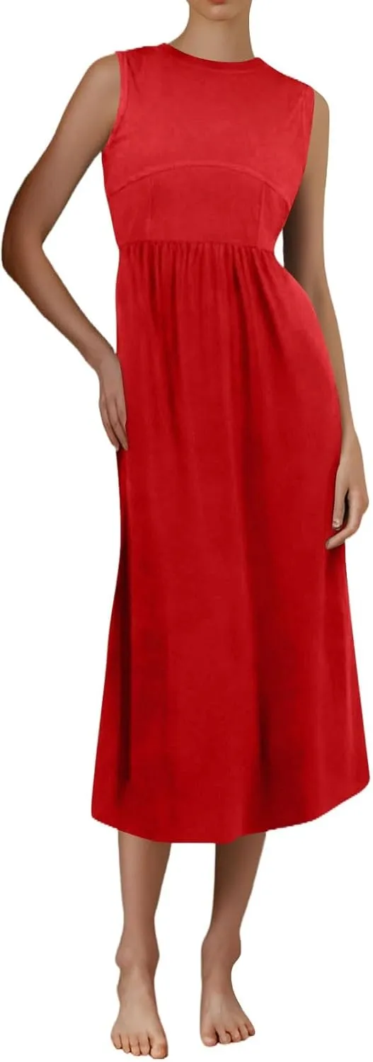 Women Sundress Tank Top Dresses Summer Dresses Pleated Wrap Dress Sleeveless Bohemian Ruffle Dress Formal with Pockets
