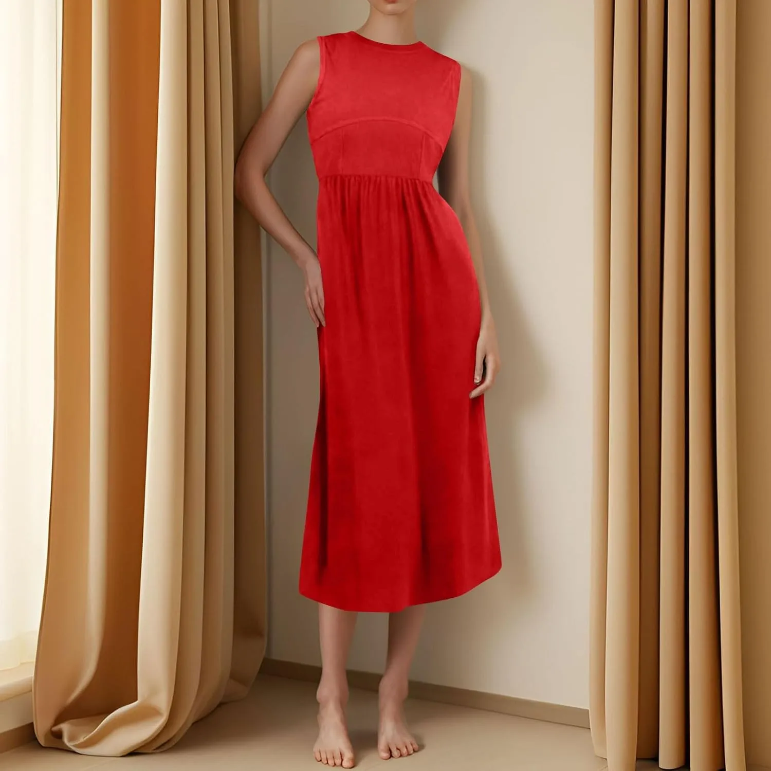 Women Sundress Tank Top Dresses Summer Dresses Pleated Wrap Dress Sleeveless Bohemian Ruffle Dress Formal with Pockets