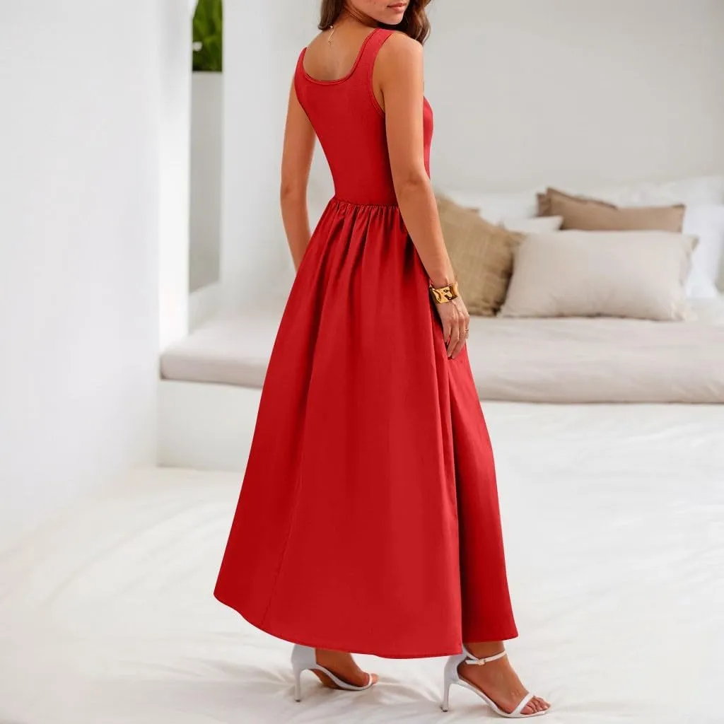 Women Sundress Tank Top Dresses Summer Dresses Pleated Wrap Dress Sleeveless Bohemian Ruffle Dress Formal with Pockets