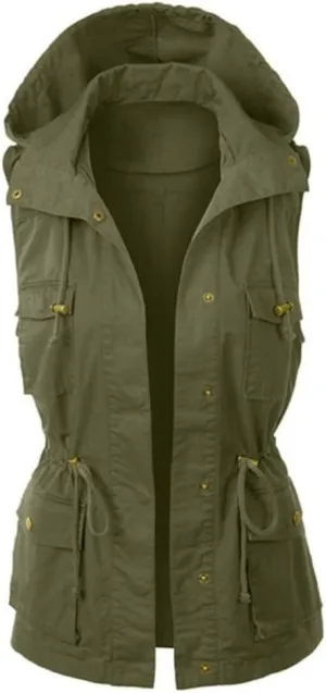 Women Utility Safari Vest Lightweight Sleeveless Hooded Drawstring Jackets with Pockets Anorak Outwear Cargo Vest