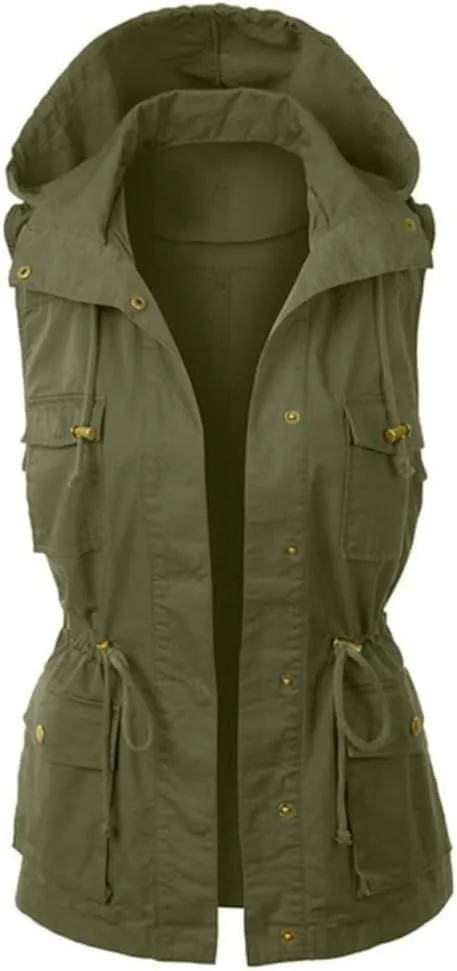 Women Utility Safari Vest Lightweight Sleeveless Hooded Drawstring Jackets with Pockets Anorak Outwear Cargo Vest
