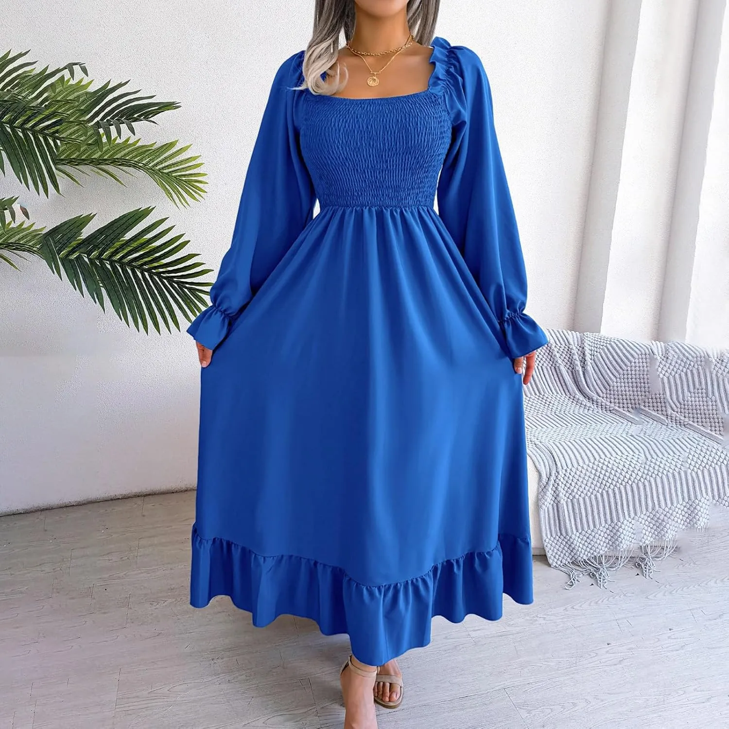 Women's 2025 Casual Long Sleeve Smocked Dress V Neck High Waist Ruffle Tiered Midi Dresses Women's