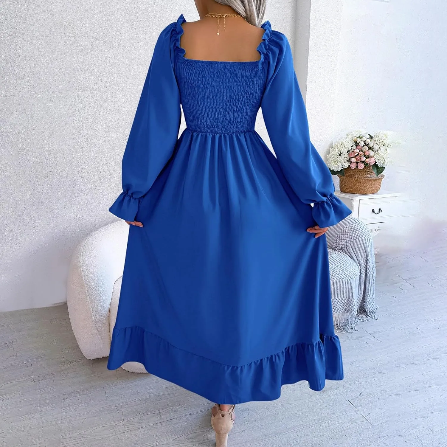 Women's 2025 Casual Long Sleeve Smocked Dress V Neck High Waist Ruffle Tiered Midi Dresses Women's