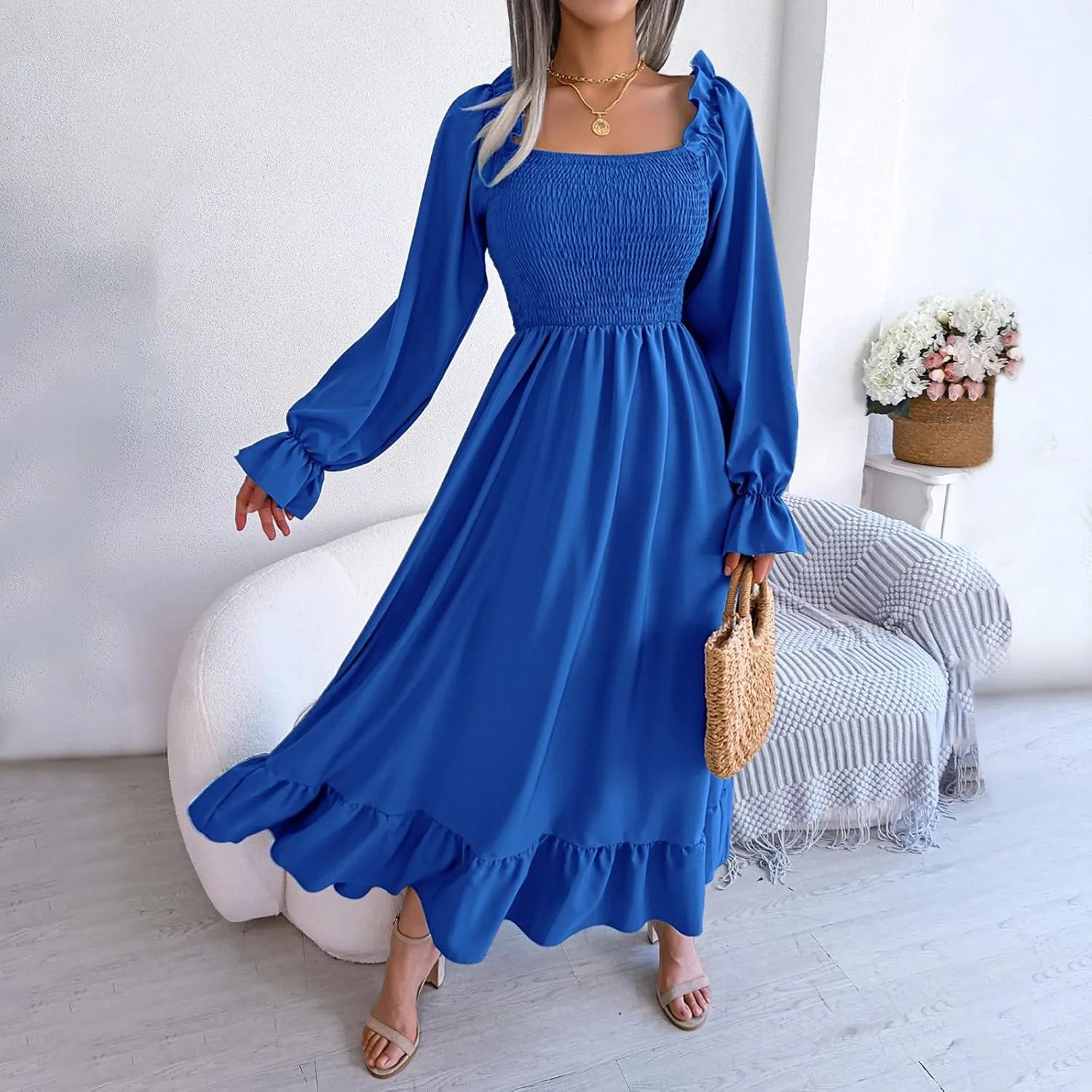 Women's 2025 Casual Long Sleeve Smocked Dress V Neck High Waist Ruffle Tiered Midi Dresses Women's