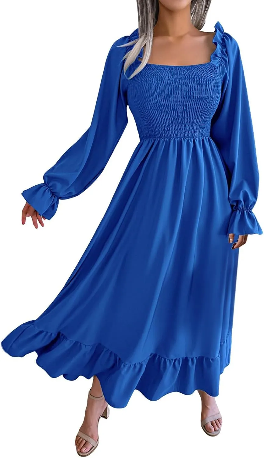 Women's 2025 Casual Long Sleeve Smocked Dress V Neck High Waist Ruffle Tiered Midi Dresses Women's