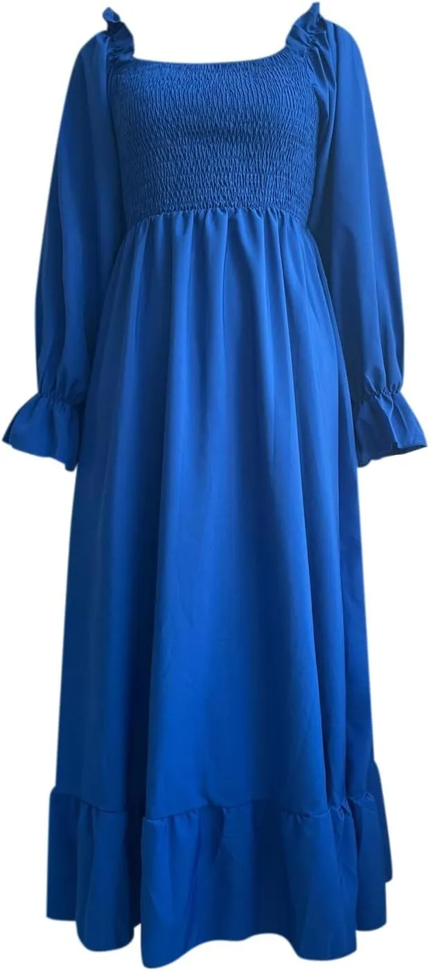 Women's 2025 Casual Long Sleeve Smocked Dress V Neck High Waist Ruffle Tiered Midi Dresses Women's