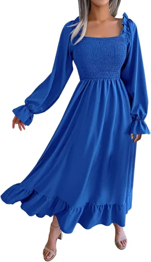 Women's 2025 Casual Long Sleeve Smocked Dress V Neck High Waist Ruffle Tiered Midi Dresses Women's