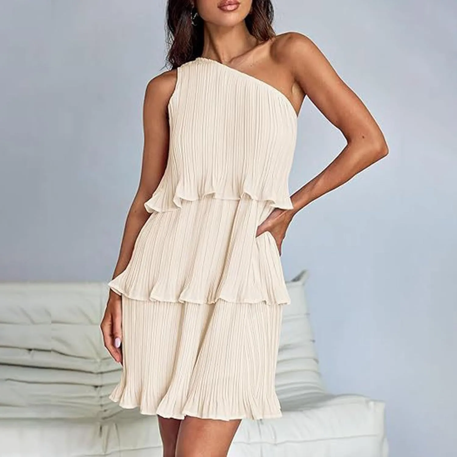 Women's 2025 Summer One Shoulder Dresses Ruffle Short Sleeve Ruffle Tiered Layered Swing A Line Long Sleeve Summer Dress