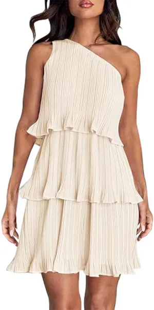 Women's 2025 Summer One Shoulder Dresses Ruffle Short Sleeve Ruffle Tiered Layered Swing A Line Long Sleeve Summer Dress