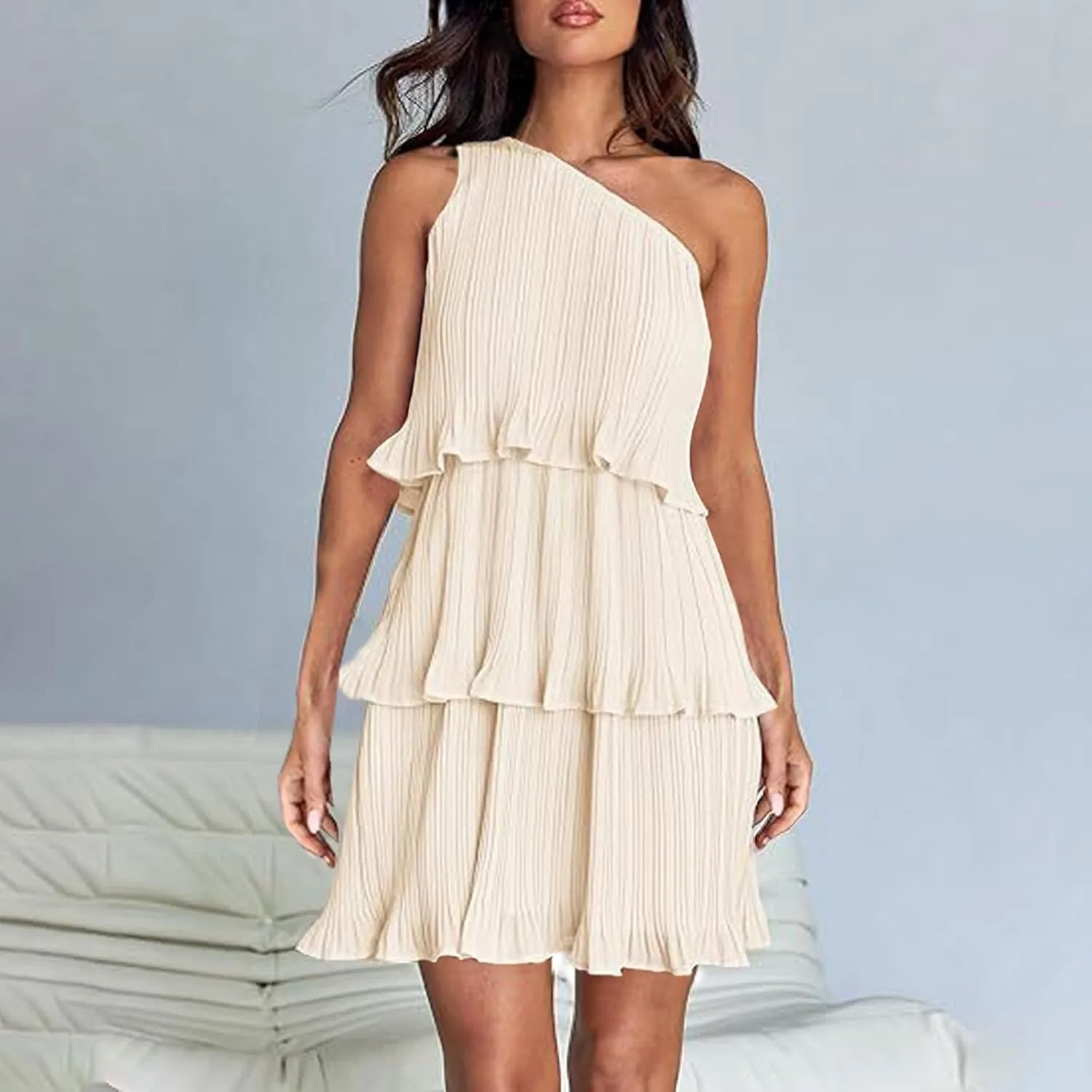 Women's 2025 Summer One Shoulder Dresses Ruffle Short Sleeve Ruffle Tiered Layered Swing A Line Long Sleeve Summer Dress