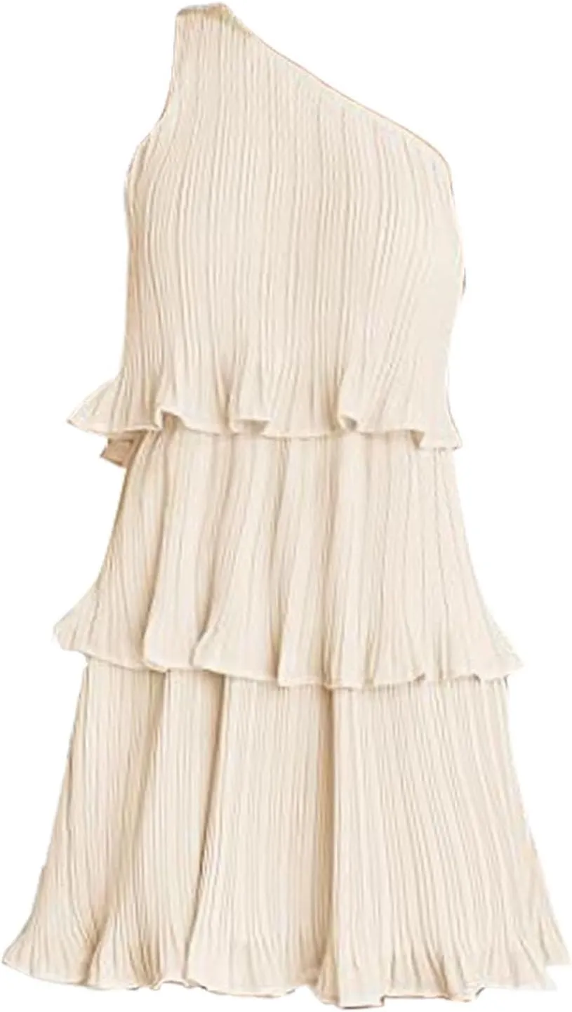 Women's 2025 Summer One Shoulder Dresses Ruffle Short Sleeve Ruffle Tiered Layered Swing A Line Long Sleeve Summer Dress