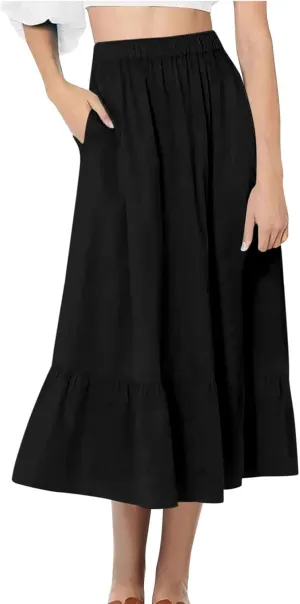 Womens A Line Long Midi Cotton Skirt Pleated Layers Elastic Waist Summer Fashion Trendy Flowy Tiered Boho Skirts