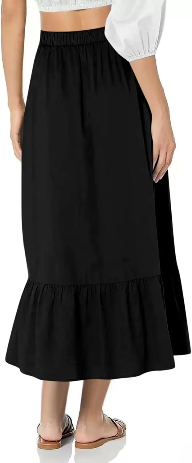 Womens A Line Long Midi Cotton Skirt Pleated Layers Elastic Waist Summer Fashion Trendy Flowy Tiered Boho Skirts