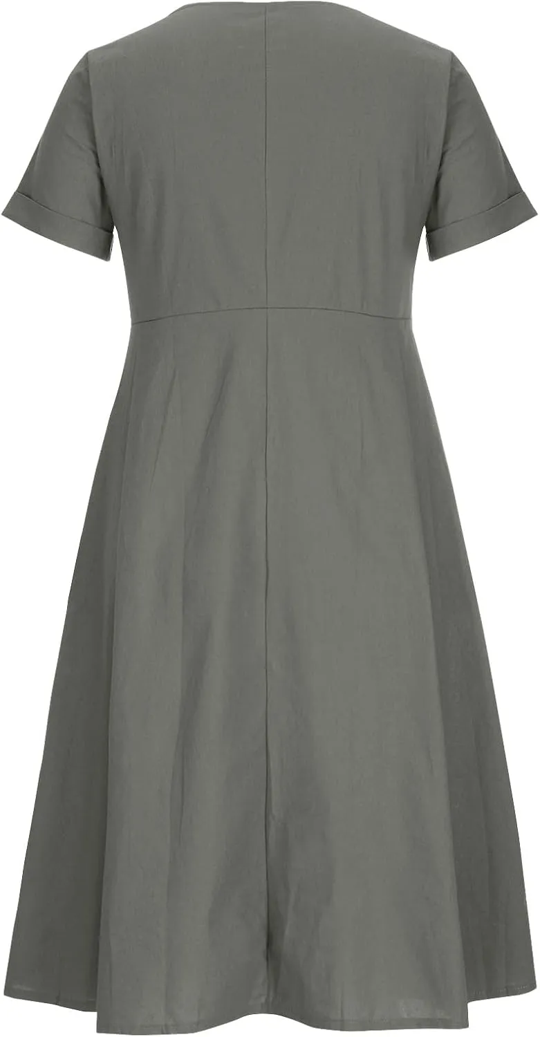 Women's Beach Dress Summer Casual Loose Trendy Short Sleeve V-Neck Solid Button Linen Dresses 2025 Plus Size, S-5XL