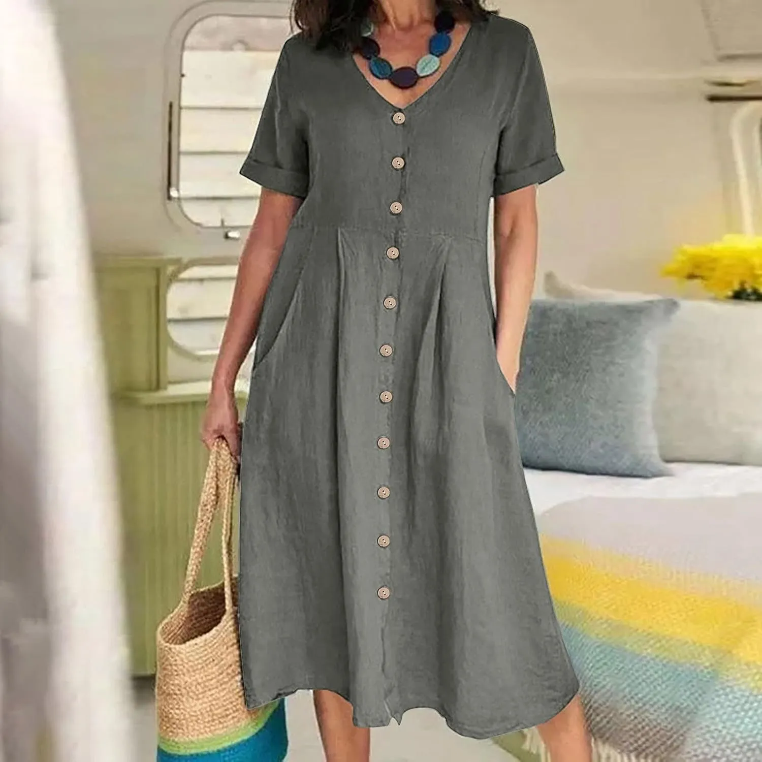 Women's Beach Dress Summer Casual Loose Trendy Short Sleeve V-Neck Solid Button Linen Dresses 2025 Plus Size, S-5XL