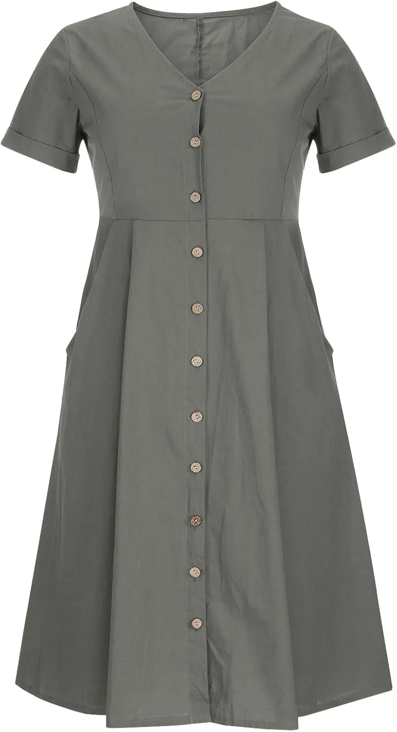 Women's Beach Dress Summer Casual Loose Trendy Short Sleeve V-Neck Solid Button Linen Dresses 2025 Plus Size, S-5XL