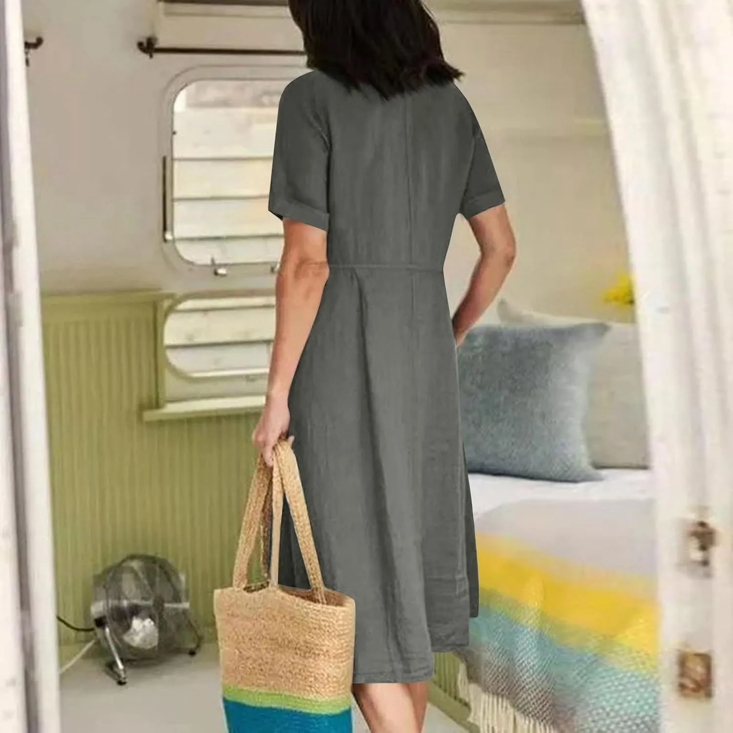 Women's Beach Dress Summer Casual Loose Trendy Short Sleeve V-Neck Solid Button Linen Dresses 2025 Plus Size, S-5XL