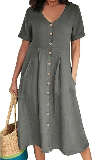 Women's Beach Dress Summer Casual Loose Trendy Short Sleeve V-Neck Solid Button Linen Dresses 2025 Plus Size, S-5XL