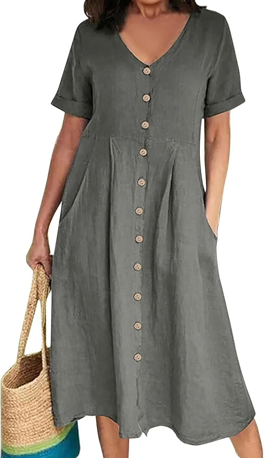 Women's Beach Dress Summer Casual Loose Trendy Short Sleeve V-Neck Solid Button Linen Dresses 2025 Plus Size, S-5XL