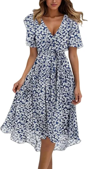 Womens Boho Floral Printed Chiffon Dresses Elegant V Neck Belted Summer Ruffle Flowy Wedding Prom Cocktail Midi Dress