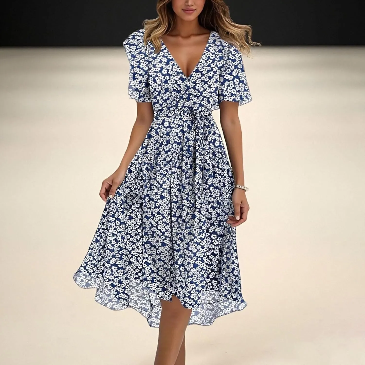 Womens Boho Floral Printed Chiffon Dresses Elegant V Neck Belted Summer Ruffle Flowy Wedding Prom Cocktail Midi Dress