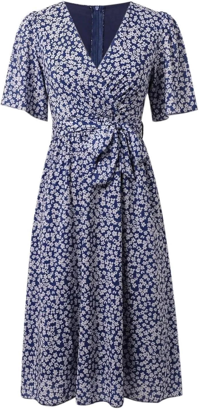 Womens Boho Floral Printed Chiffon Dresses Elegant V Neck Belted Summer Ruffle Flowy Wedding Prom Cocktail Midi Dress