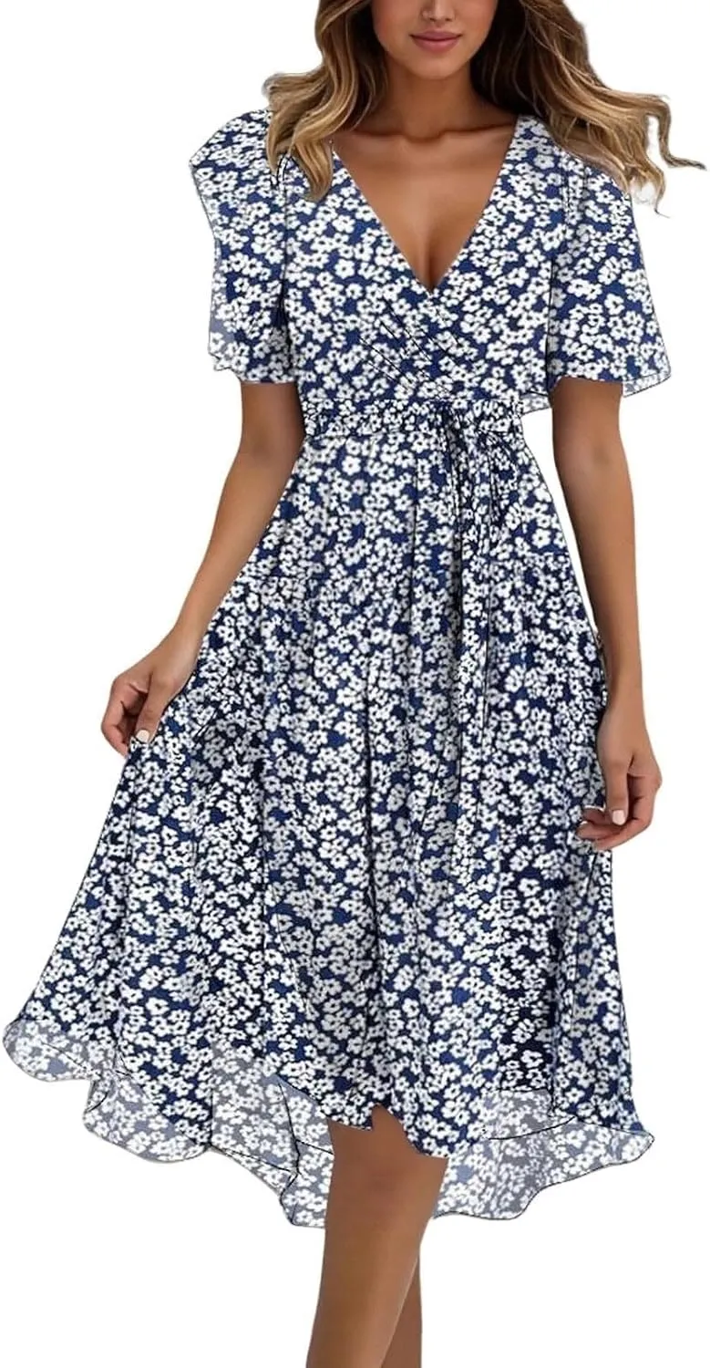 Womens Boho Floral Printed Chiffon Dresses Elegant V Neck Belted Summer Ruffle Flowy Wedding Prom Cocktail Midi Dress