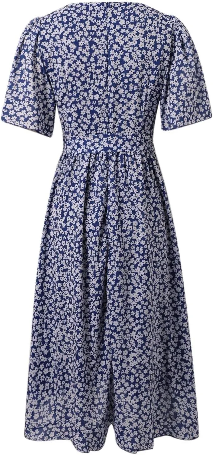 Womens Boho Floral Printed Chiffon Dresses Elegant V Neck Belted Summer Ruffle Flowy Wedding Prom Cocktail Midi Dress