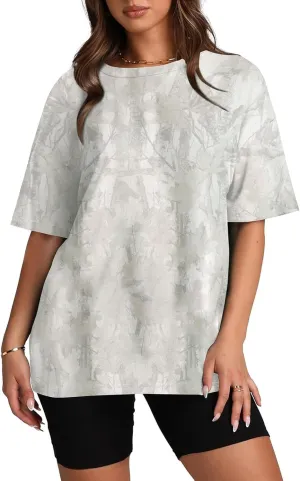 Womens Camo Shirt Oversized Short Sleeve Tees Maple Leaf Print Summer Tops Graphic Crewneck T Shirts Y2K Clothes