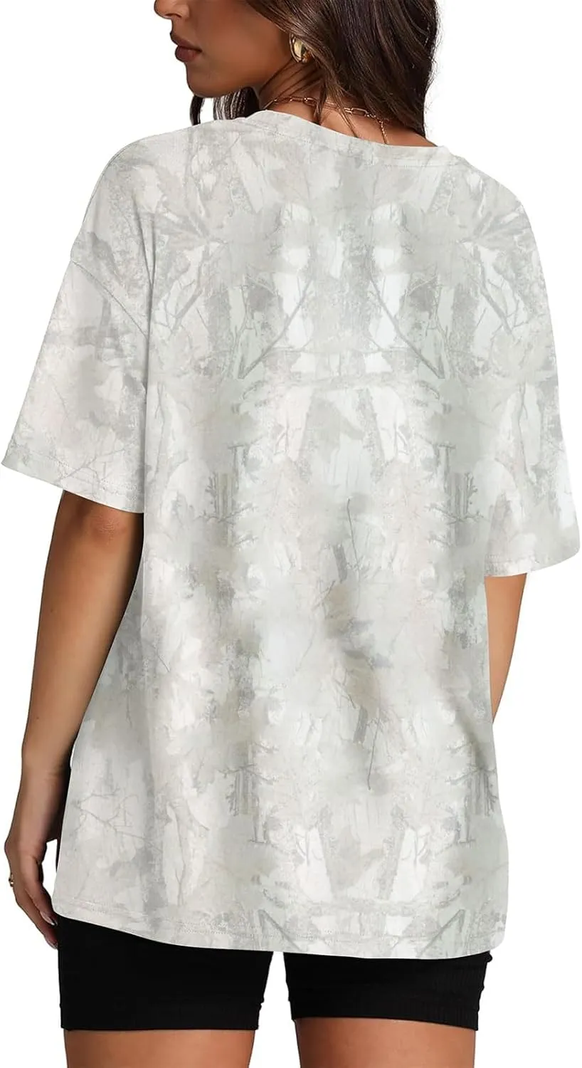Womens Camo Shirt Oversized Short Sleeve Tees Maple Leaf Print Summer Tops Graphic Crewneck T Shirts Y2K Clothes