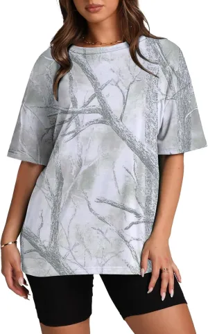 Womens Camo Shirt Oversized Short Sleeve Tees Maple Leaf Print Summer Tops Graphic Crewneck T Shirts Y2K Clothes