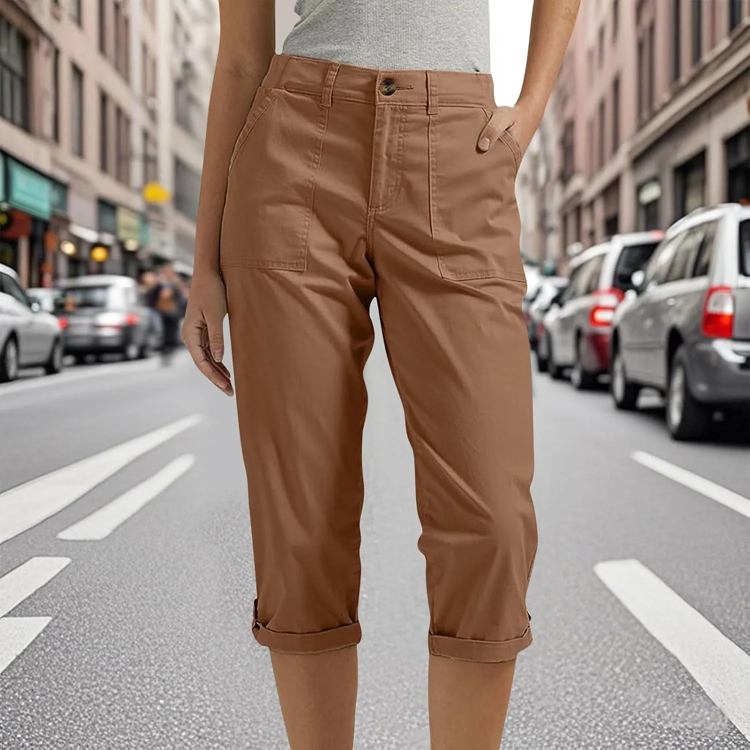 Women's Cargo Capri Pant Casual Loose-Fit Cuffed Hem Capris Pants Summer Cropped Pants, Zipper Fly with Button Closure