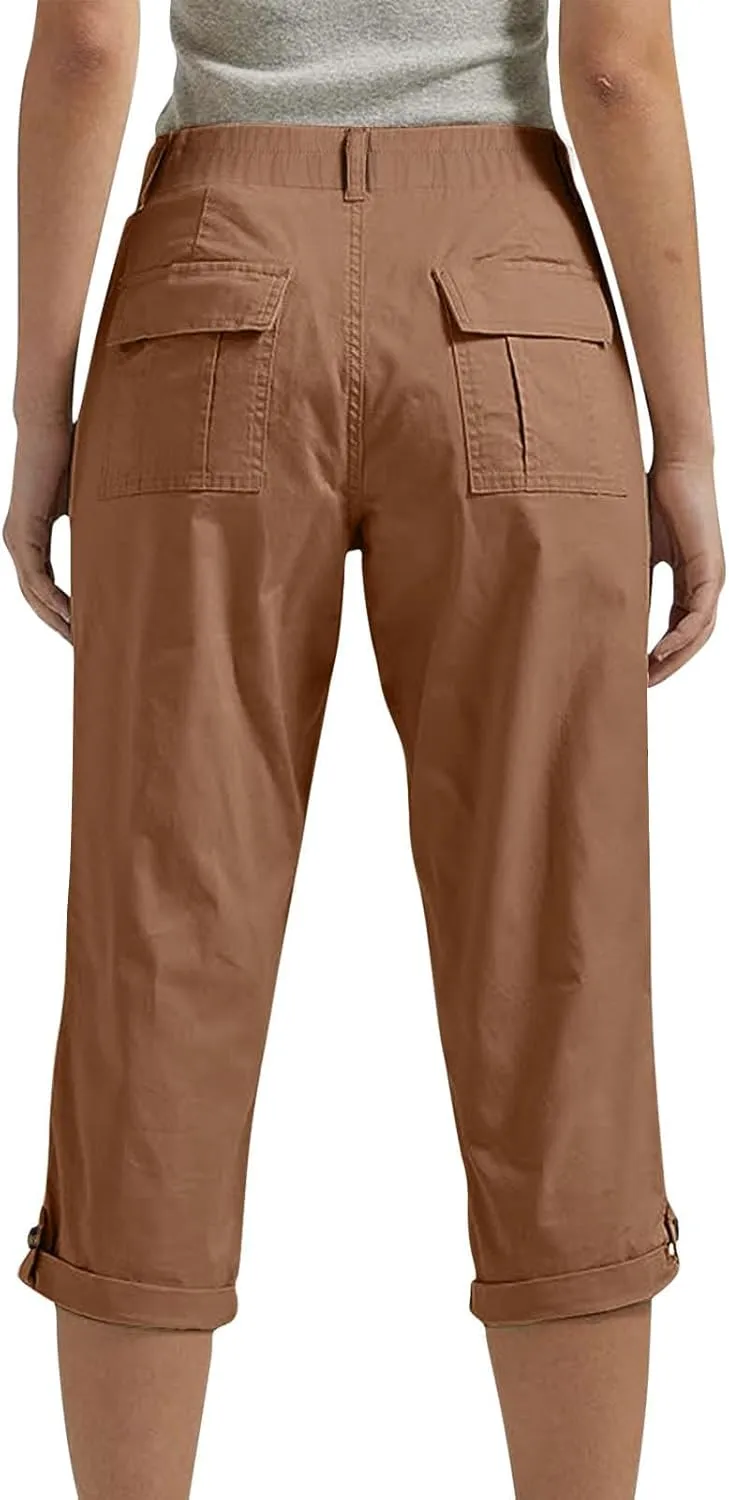 Women's Cargo Capri Pant Casual Loose-Fit Cuffed Hem Capris Pants Summer Cropped Pants, Zipper Fly with Button Closure