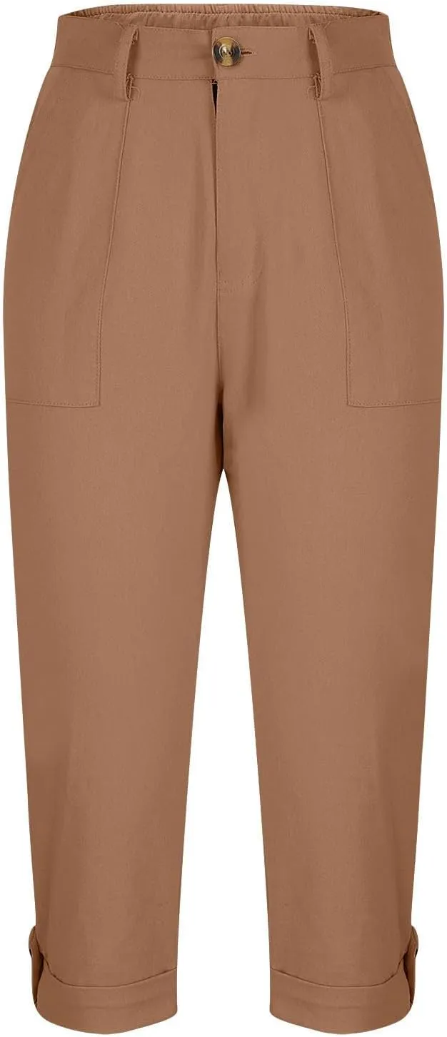 Women's Cargo Capri Pant Casual Loose-Fit Cuffed Hem Capris Pants Summer Cropped Pants, Zipper Fly with Button Closure