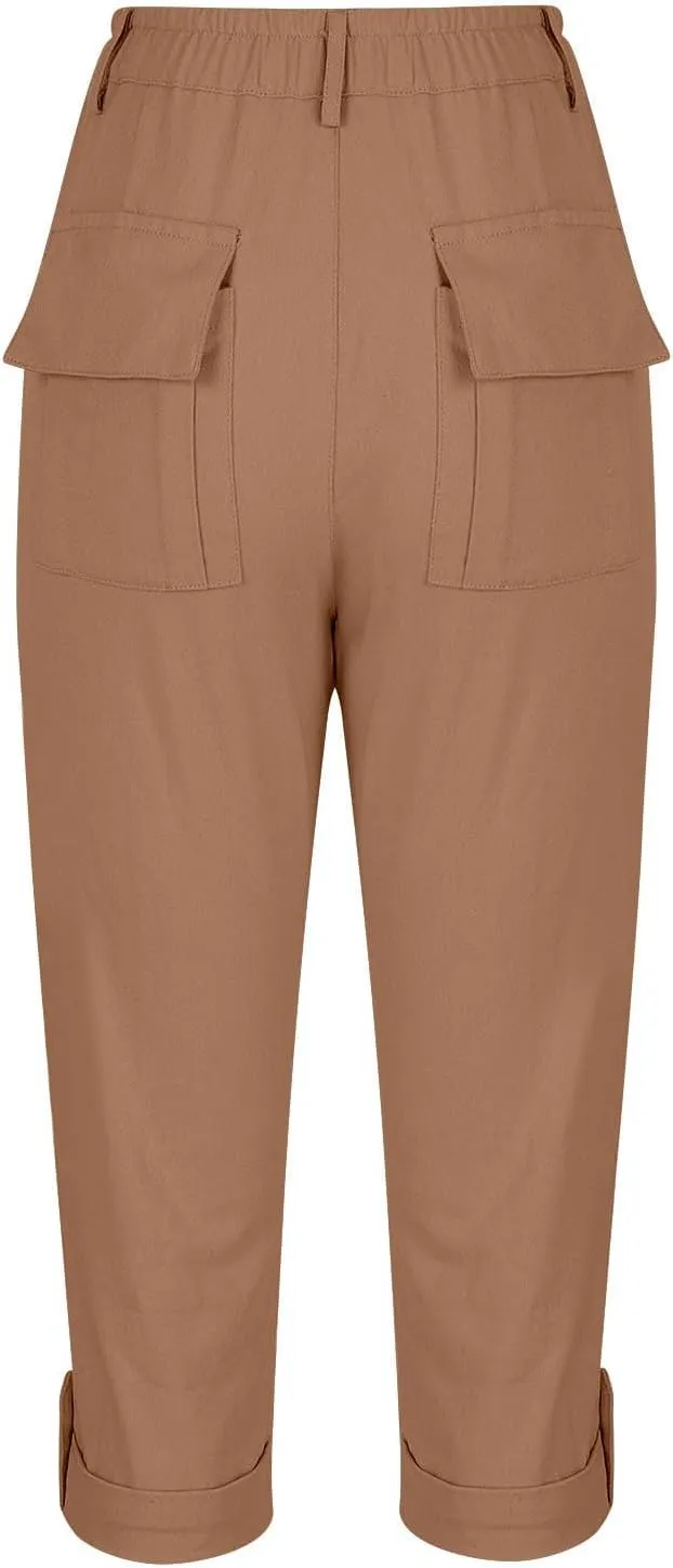 Women's Cargo Capri Pant Casual Loose-Fit Cuffed Hem Capris Pants Summer Cropped Pants, Zipper Fly with Button Closure