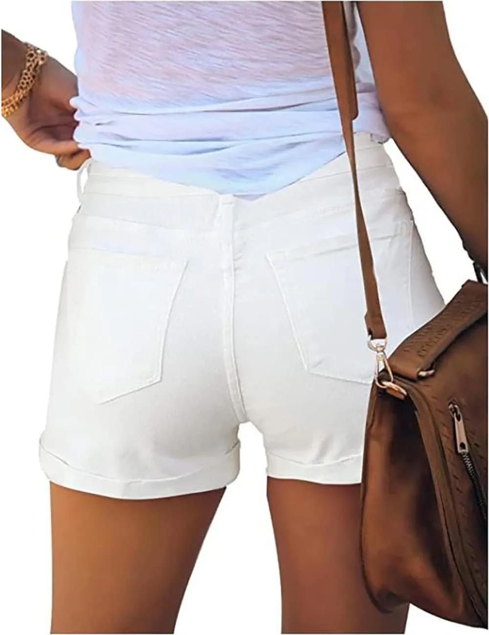 Women's Casual Denim Shorts Summer Mid Waist Stretchy Raw Frayed Folded Hem Jeans