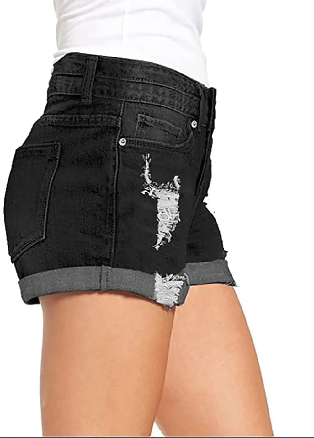 Women's Casual Denim Shorts Summer Mid Waist Stretchy Raw Frayed Folded Hem Jeans
