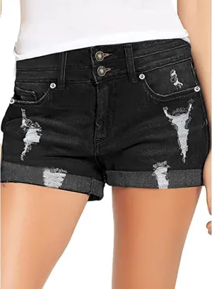 Women's Casual Denim Shorts Summer Mid Waist Stretchy Raw Frayed Folded Hem Jeans