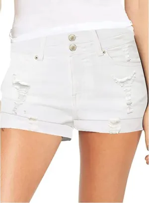 Women's Casual Denim Shorts Summer Mid Waist Stretchy Raw Frayed Folded Hem Jeans