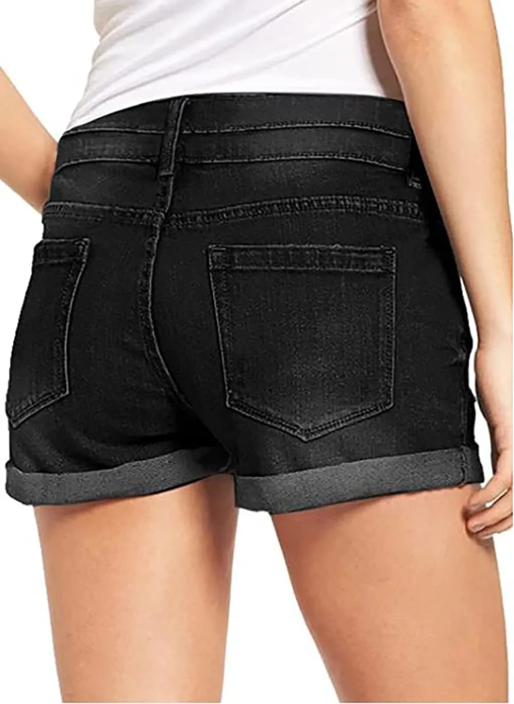 Women's Casual Denim Shorts Summer Mid Waist Stretchy Raw Frayed Folded Hem Jeans