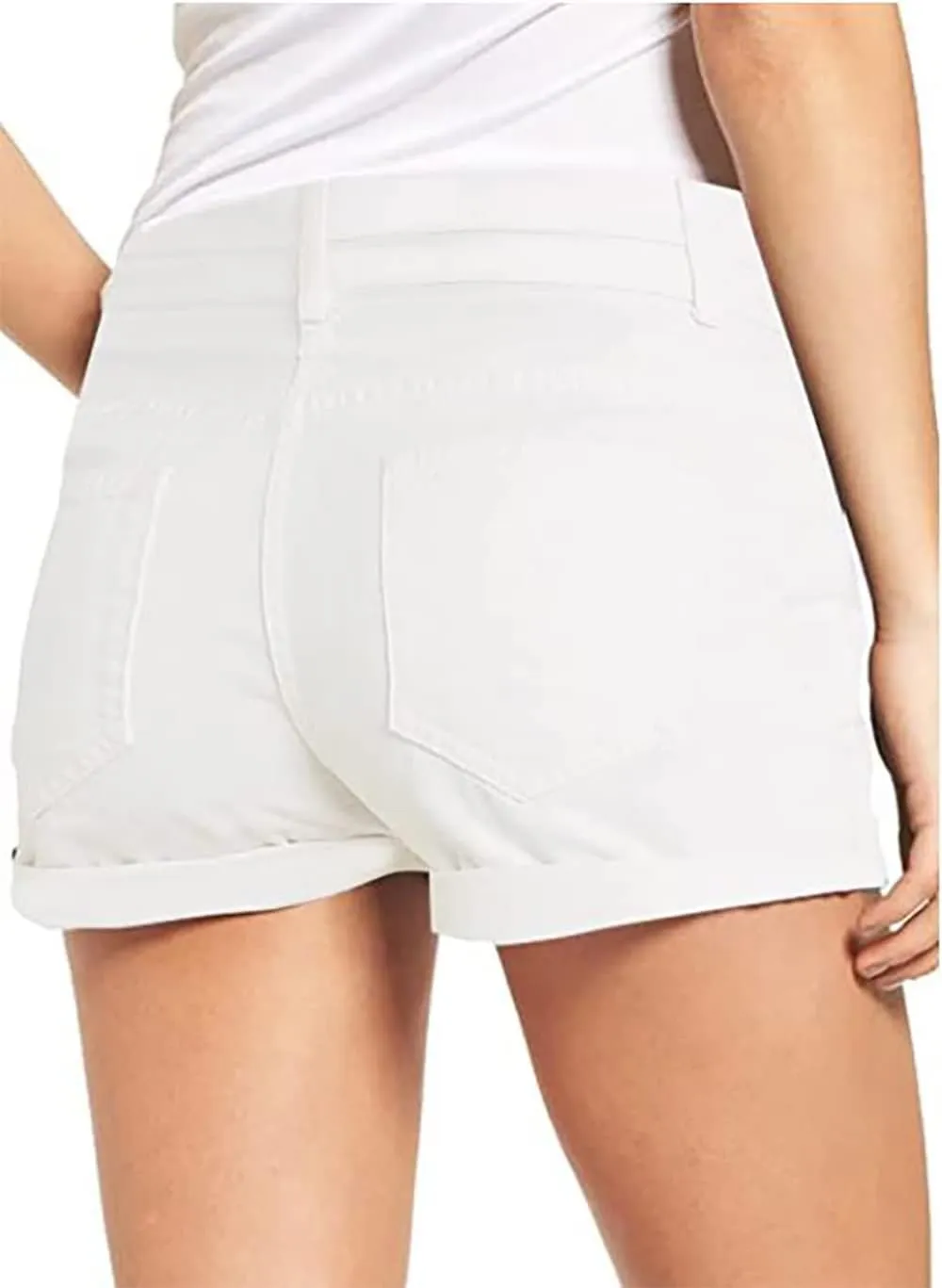 Women's Casual Denim Shorts Summer Mid Waist Stretchy Raw Frayed Folded Hem Jeans