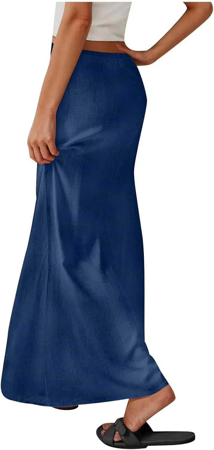 Women's Casual Long Skirts Drawstring Low Waist Maxi Skirt Summer Solid Color Loose Lightweight Beach Dress 2025