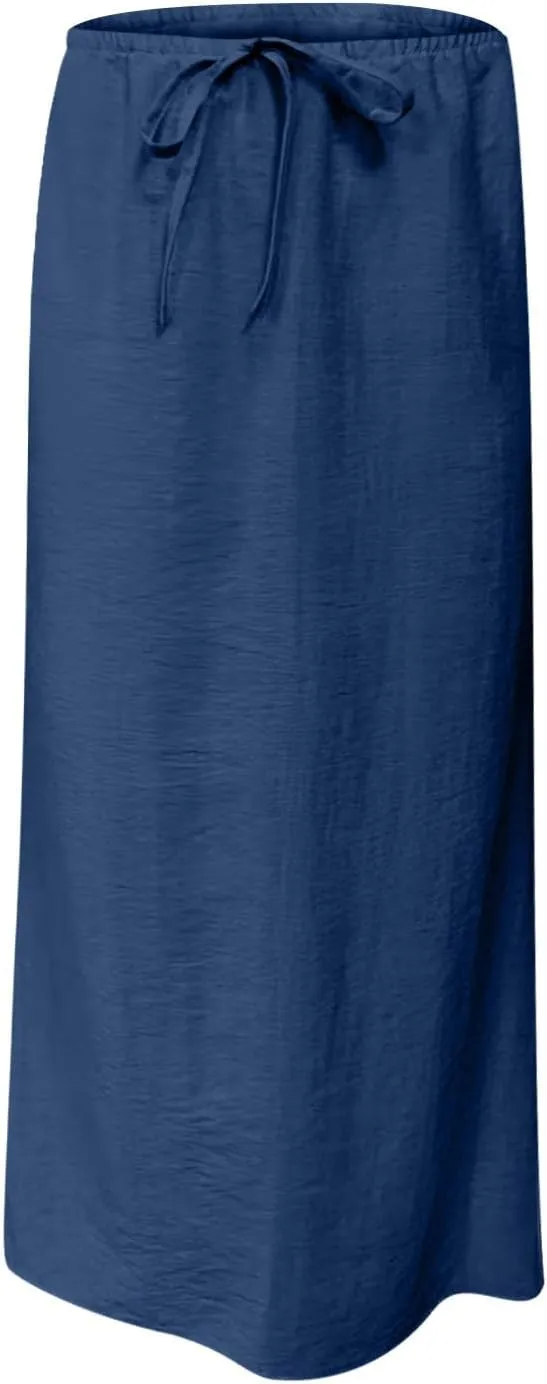 Women's Casual Long Skirts Drawstring Low Waist Maxi Skirt Summer Solid Color Loose Lightweight Beach Dress 2025
