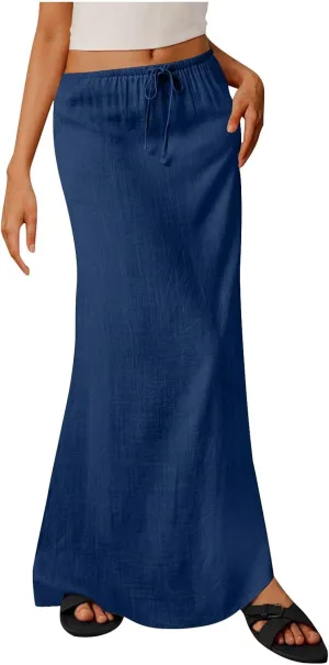 Women's Casual Long Skirts Drawstring Low Waist Maxi Skirt Summer Solid Color Loose Lightweight Beach Dress 2025