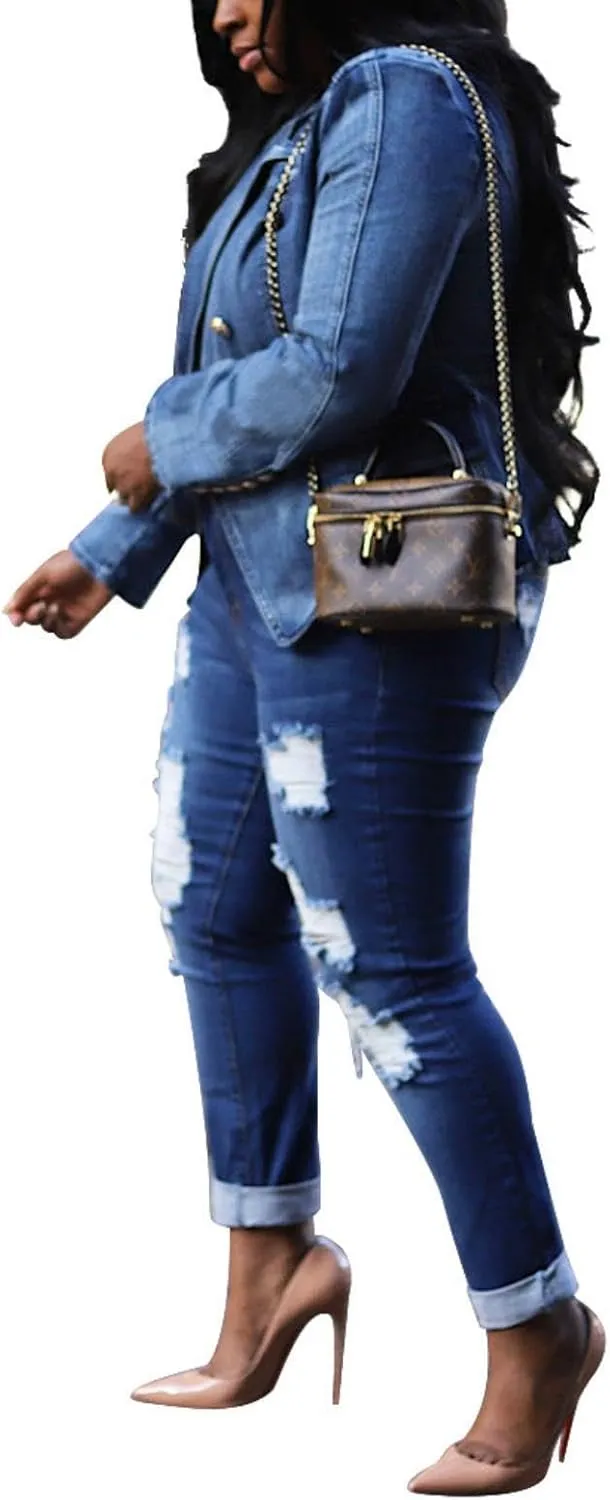 Womens Casual Loose Denim Jacket Office Blazers Cardigans Work Suits