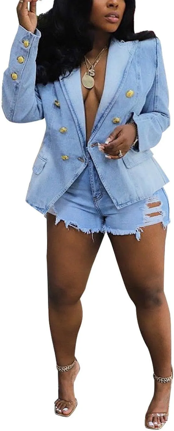 Womens Casual Loose Denim Jacket Office Blazers Cardigans Work Suits
