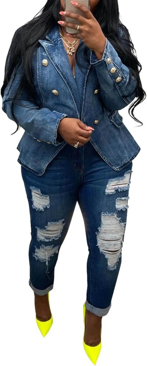 Womens Casual Loose Denim Jacket Office Blazers Cardigans Work Suits