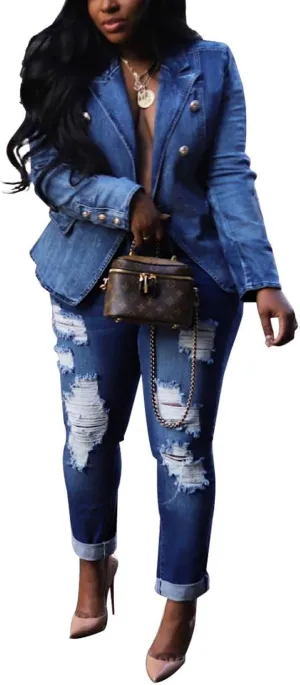 Womens Casual Loose Denim Jacket Office Blazers Cardigans Work Suits