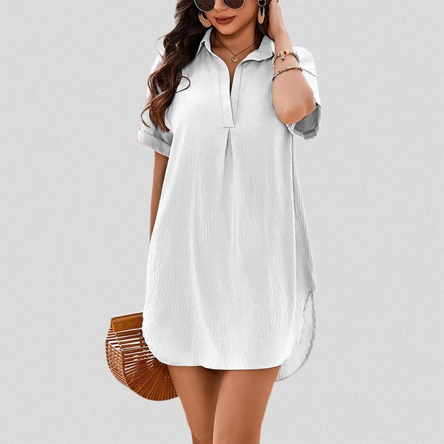 Women's Casual Shift Dresses Summer V Neck Short Sleeve Side Cut Out Mini Dress Fashion Beach Coverups for Women 2025